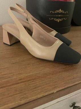 Two-Tone Beige and Black Slingback Block Heels